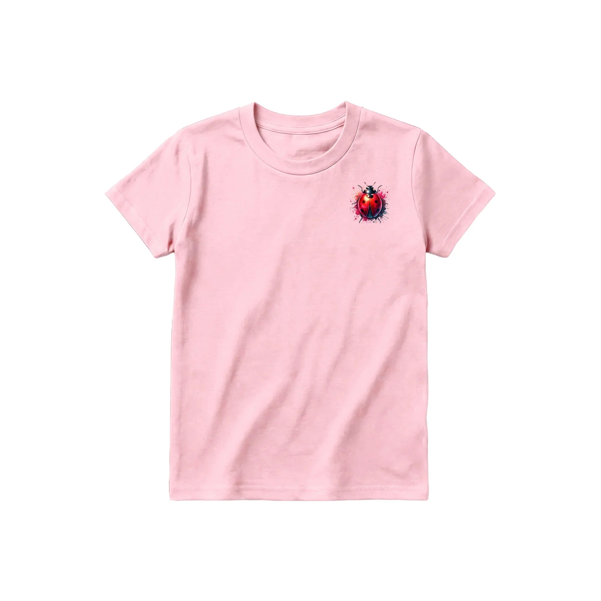 A pink short-sleeve crewneck t-shirt for youth featuring a graphic of a arthropods animal on the left chest.