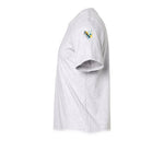 Un T-shirt gris cendré à manches courtes et col rond, orné d'un motif représentant un arthropode sur le haut de la manche gauche.
