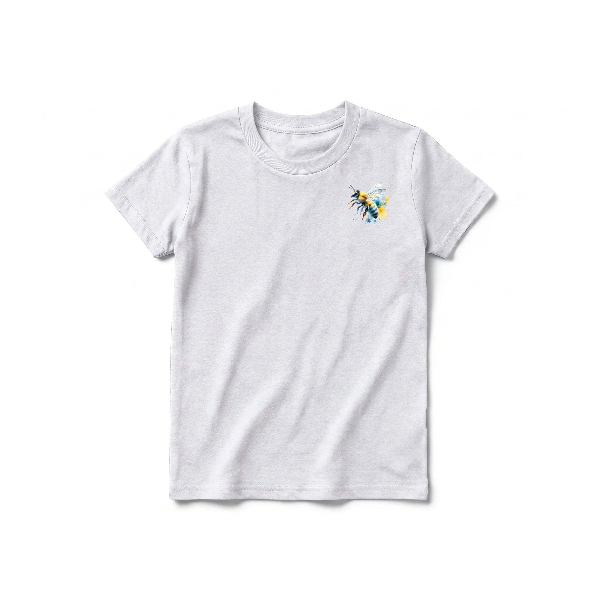 Un T-shirt gris cendré à manches courtes et col rond pour jeune, orné d'un motif représentant un arthropode sur la poitrine gauche.