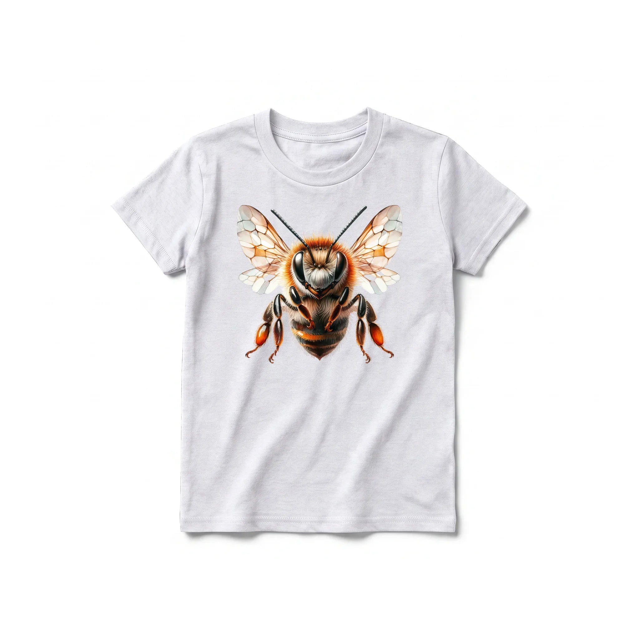 Un T-shirt gris cendré à manches courtes et col rond pour jeune, orné d'un motif représentant un arthropode sur le devant.