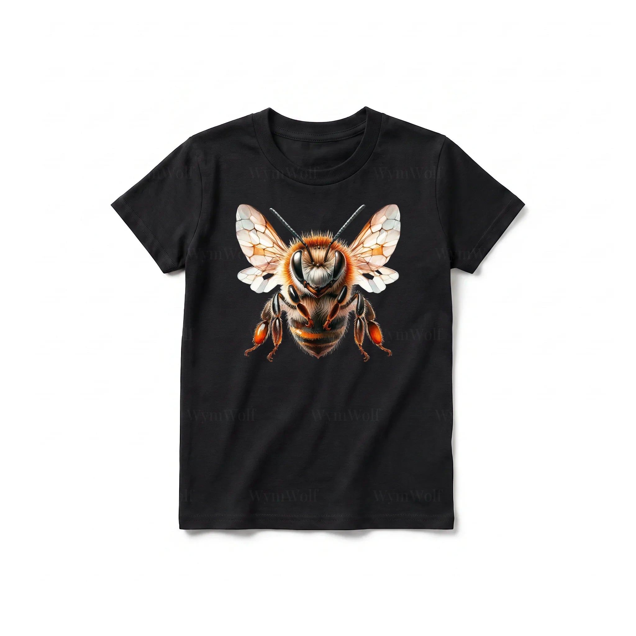 Un T-shirt noir à manches courtes et col rond pour jeune, orné d'un motif représentant un arthropode sur le devant.