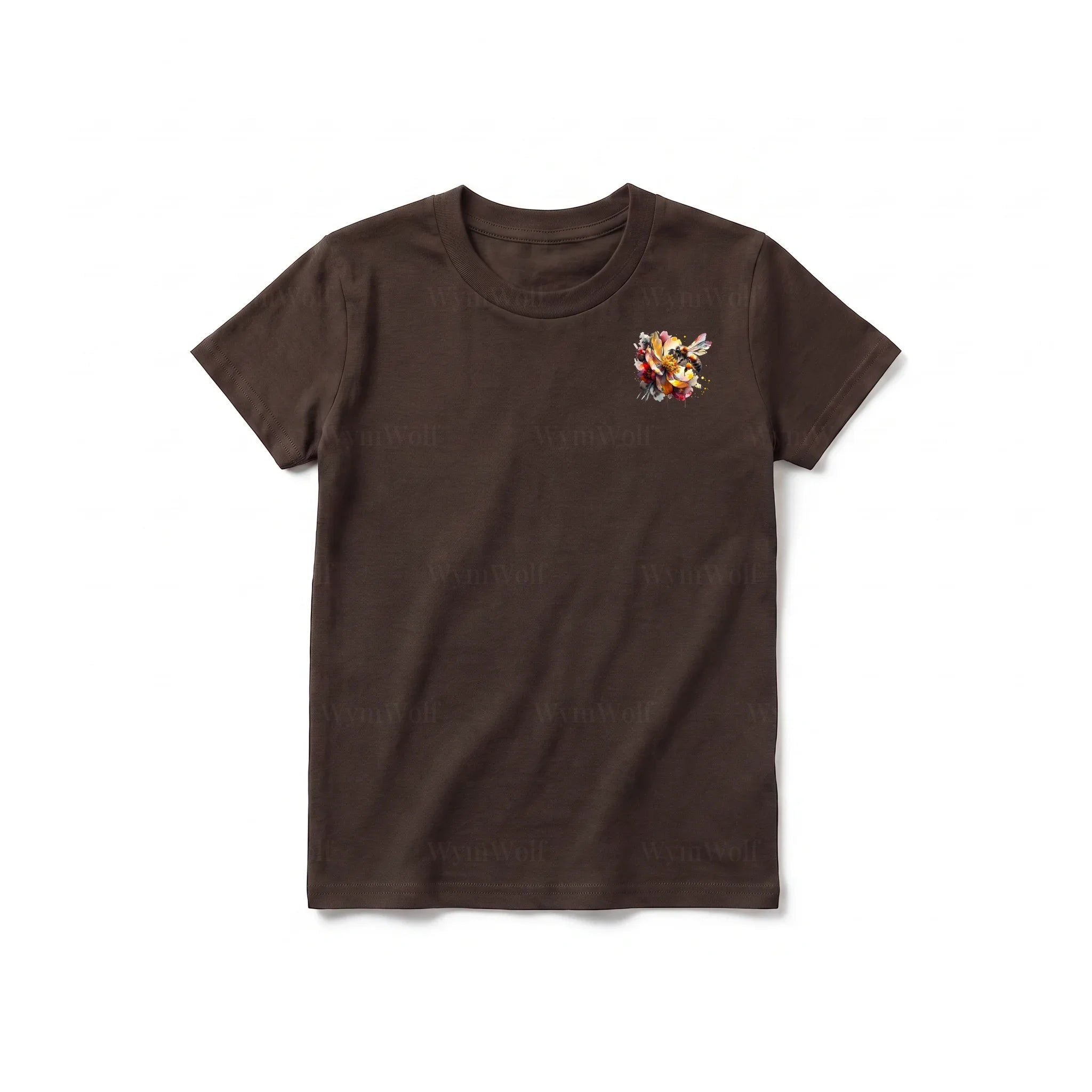 A chocolate short-sleeve crewneck t-shirt for youth featuring a graphic of a arthropods animal on the left chest.