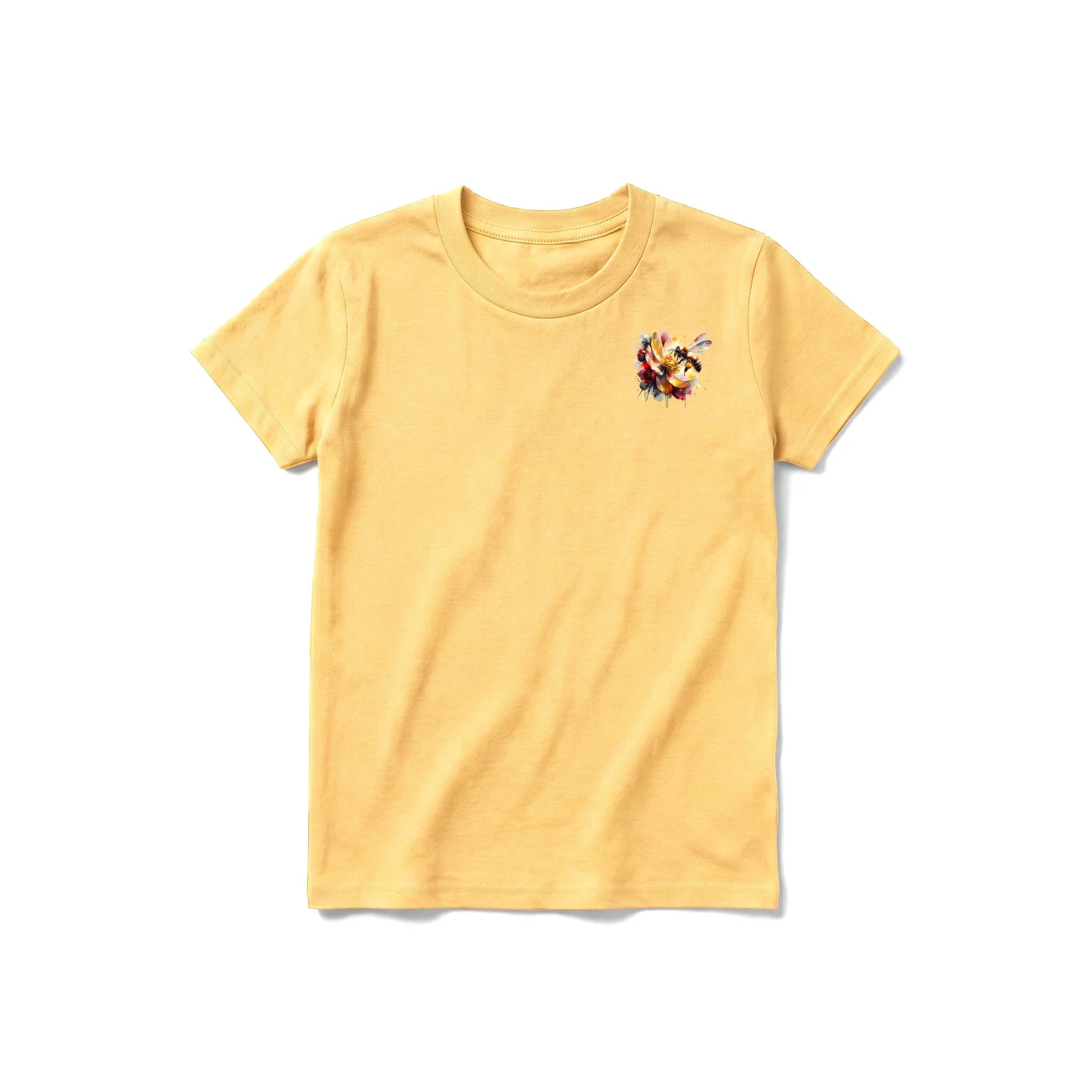 A mustard short-sleeve crewneck t-shirt for youth featuring a graphic of a arthropods animal on the left chest.