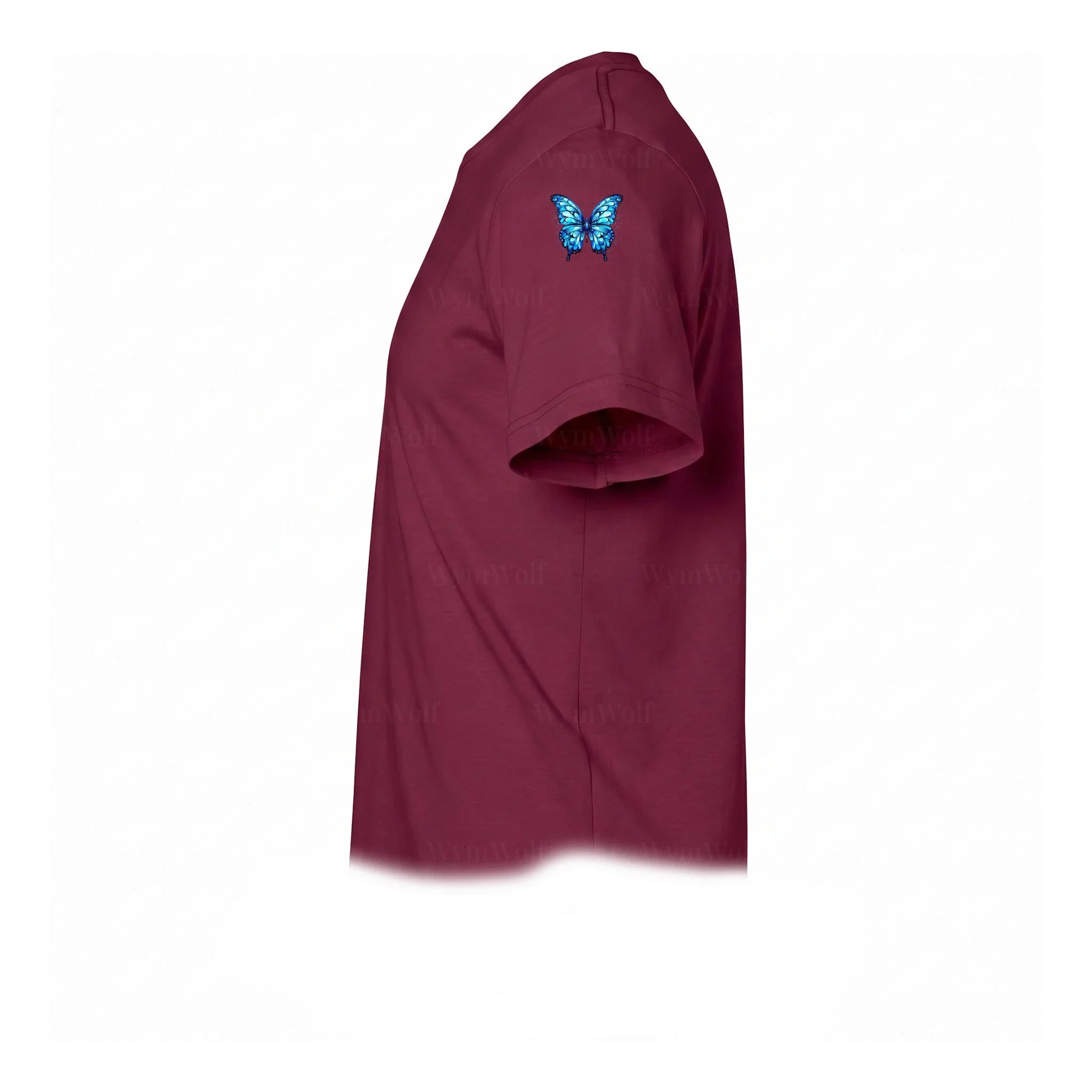 A maroon short-sleeve crewneck t-shirt  featuring a small graphic of a arthropods animal on the upper left sleeve.