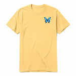 A mustard short-sleeve crewneck t-shirt for adult featuring a graphic of a arthropods animal on the left chest.