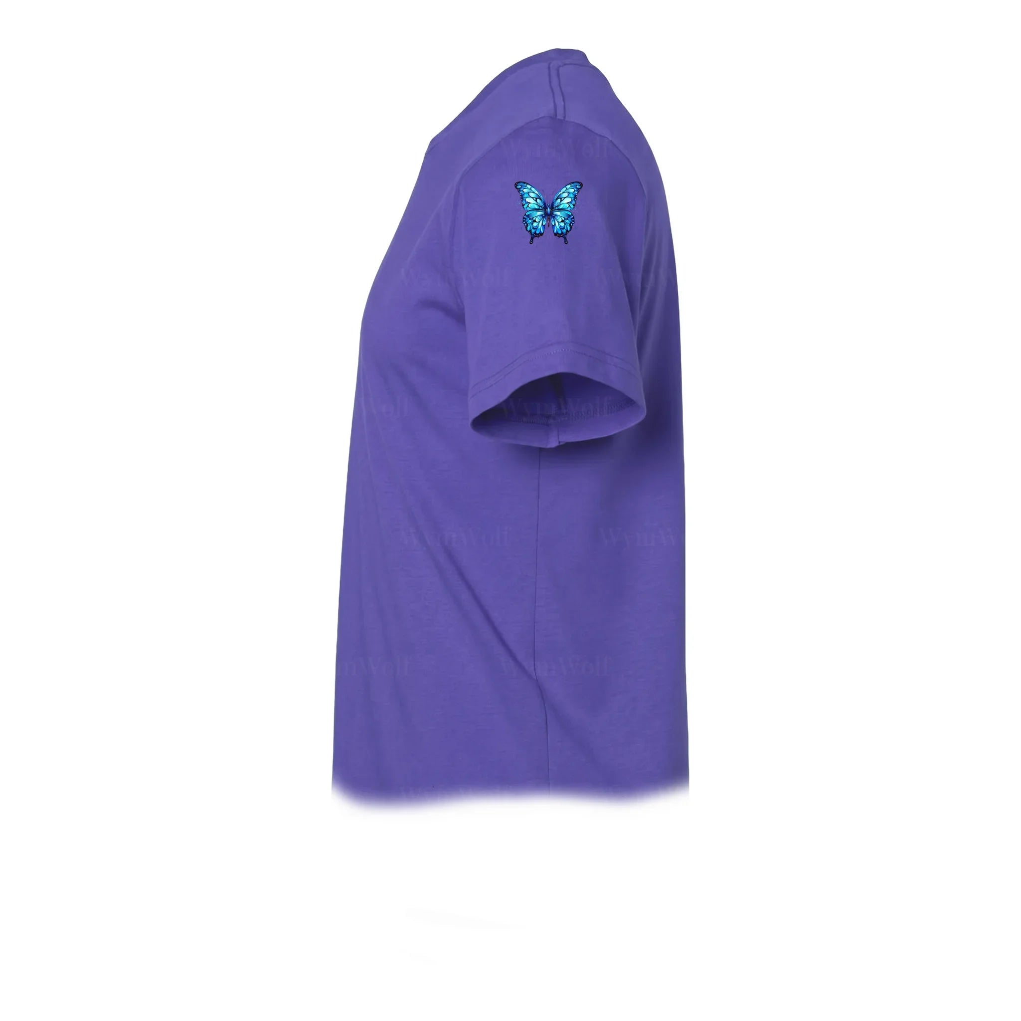A purple short-sleeve crewneck t-shirt  featuring a small graphic of a arthropods animal on the upper left sleeve.