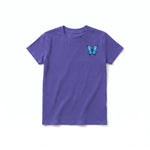 A purple short-sleeve crewneck t-shirt for youth featuring a graphic of a arthropods animal on the left chest.