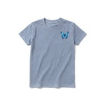 A steel-blue short-sleeve crewneck t-shirt for youth featuring a graphic of a arthropods animal on the left chest.