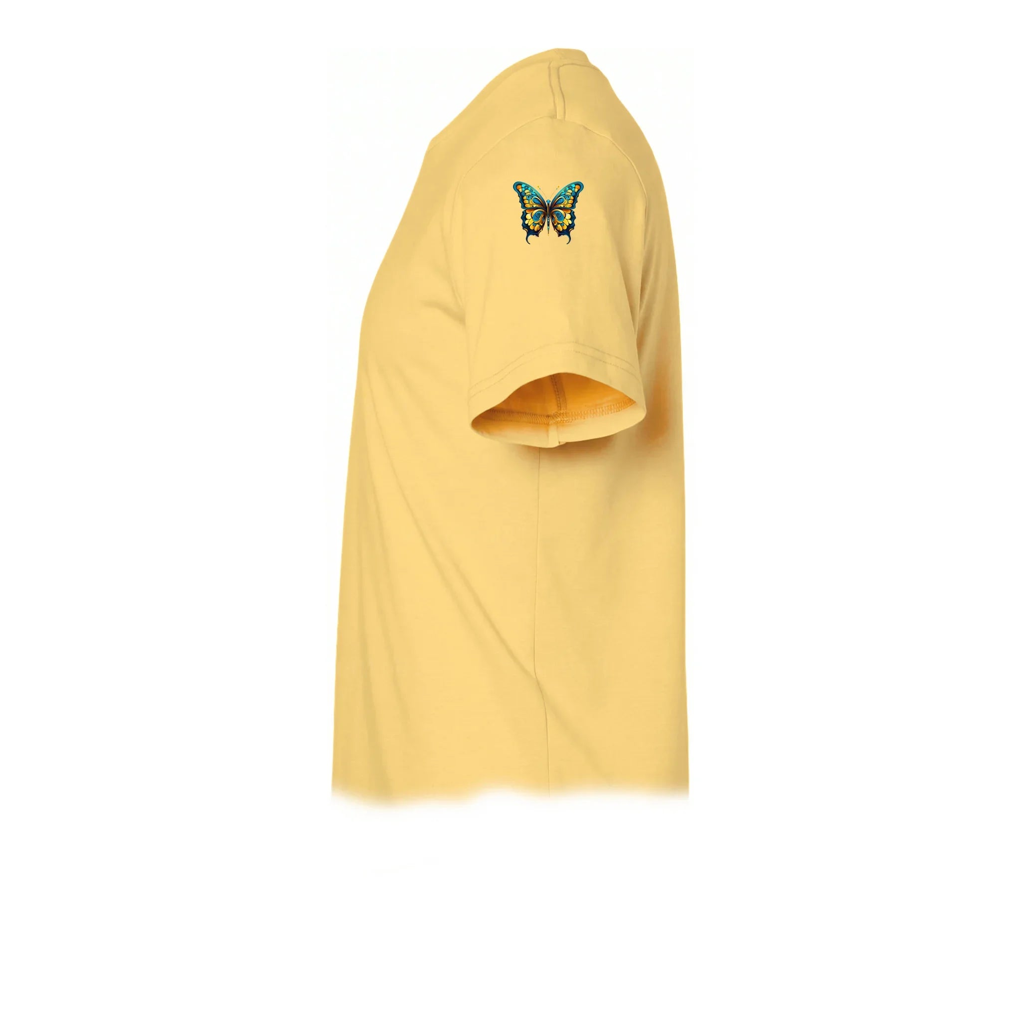 A mustard short-sleeve crewneck t-shirt  featuring a small graphic of a arthropods animal on the upper left sleeve.