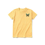 A mustard short-sleeve crewneck t-shirt for youth featuring a graphic of a arthropods animal on the left chest.