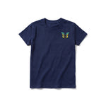 A navy short-sleeve crewneck t-shirt for youth featuring a graphic of a arthropods animal on the left chest.