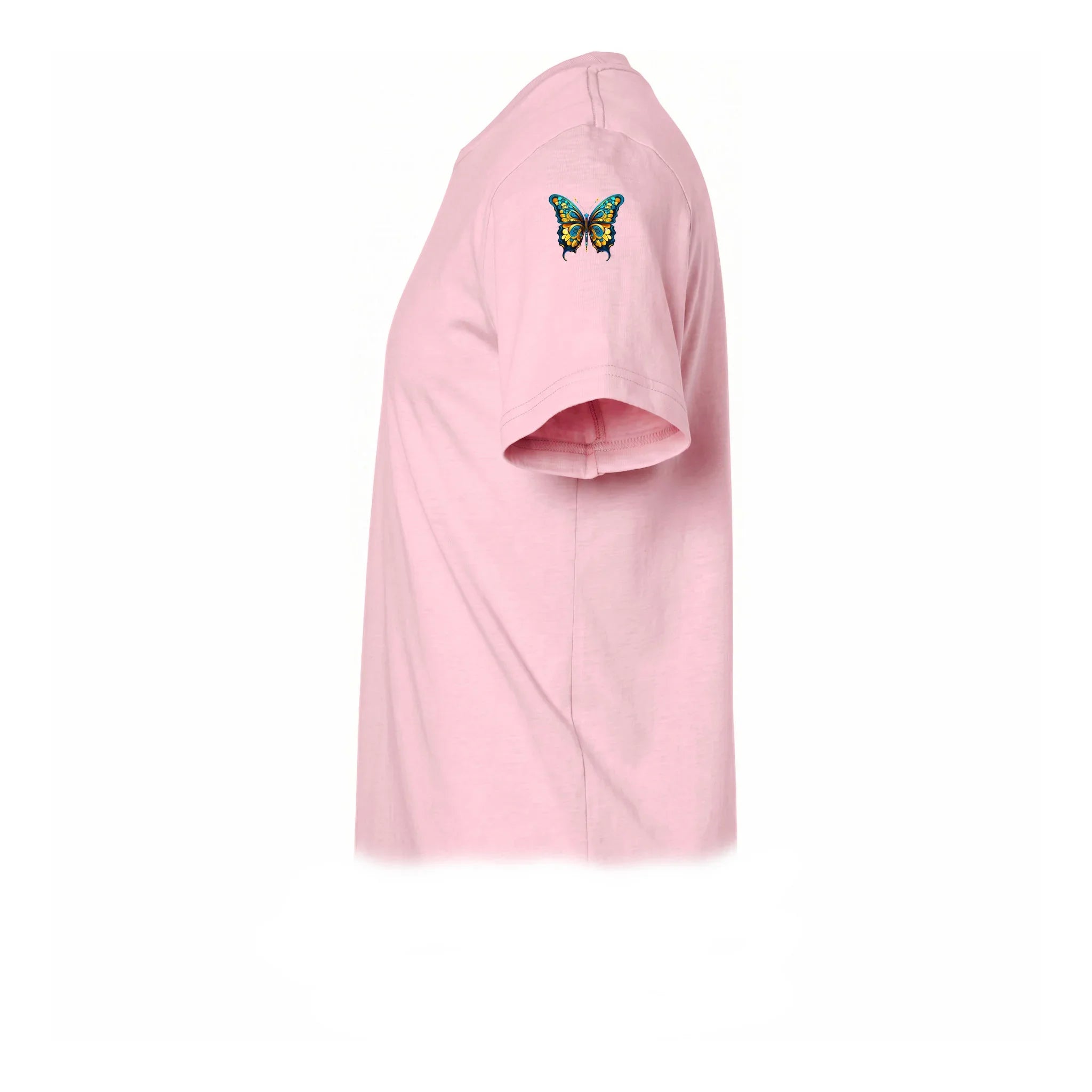 A pink short-sleeve crewneck t-shirt  featuring a small graphic of a arthropods animal on the upper left sleeve.