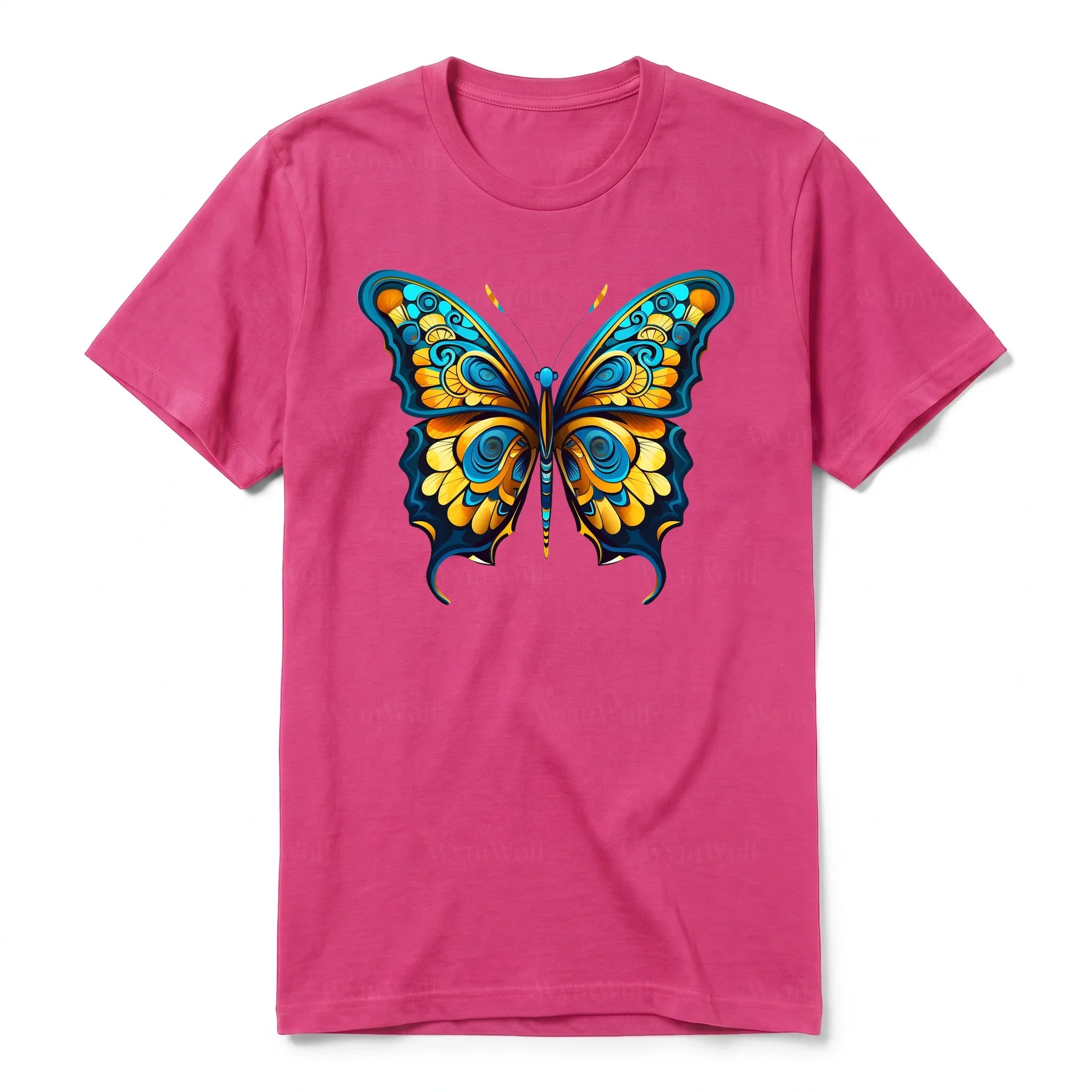 A raspberry short-sleeve crewneck t-shirt for adult featuring a graphic of a arthropods animal on the front.
