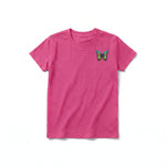 A raspberry short-sleeve crewneck t-shirt for youth featuring a graphic of a arthropods animal on the left chest.