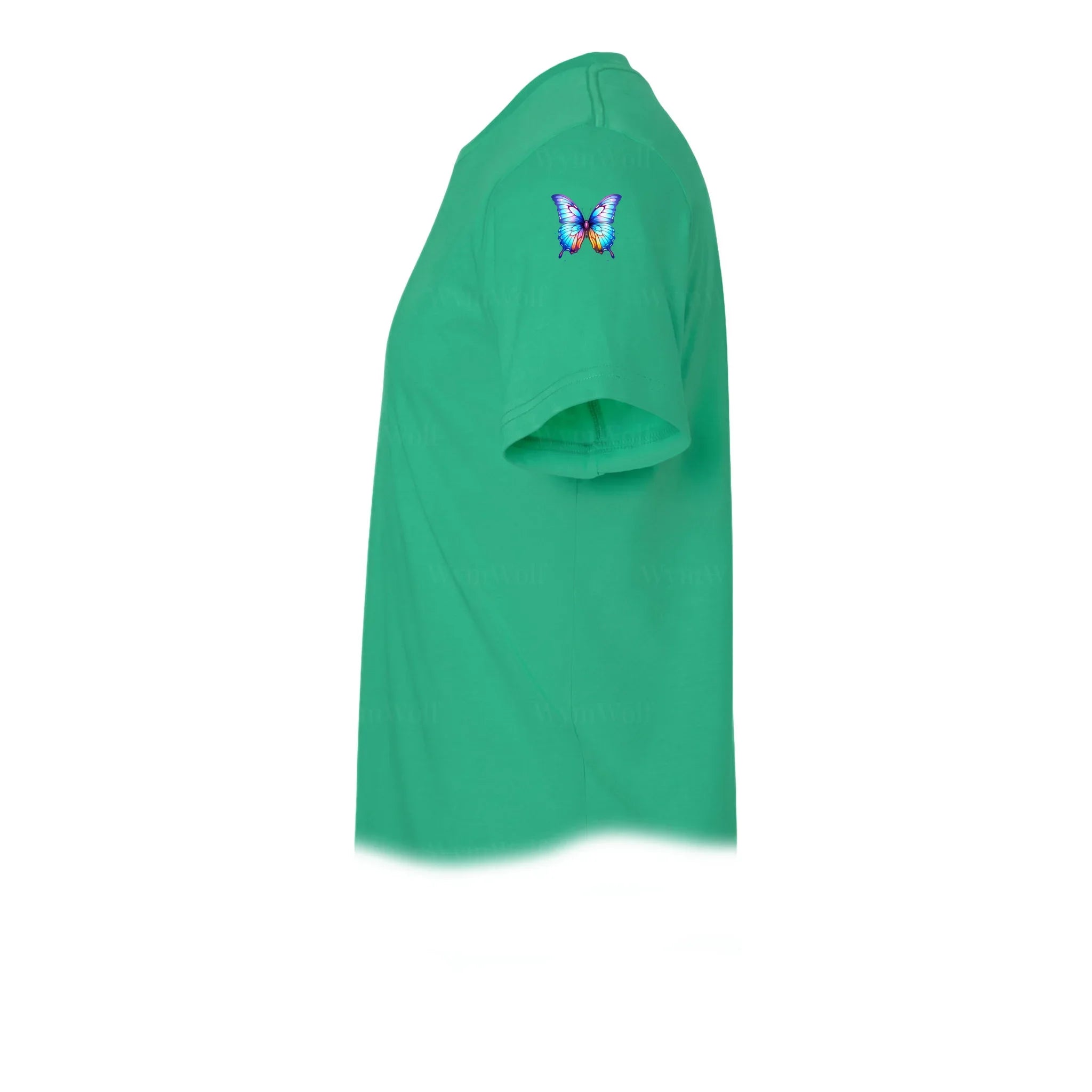 Un T-shirt kelly à manches courtes et col rond, orné d'un motif représentant un arthropode sur le haut de la manche gauche.