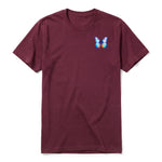 A maroon short-sleeve crewneck t-shirt for adult featuring a graphic of a arthropods animal on the left chest.