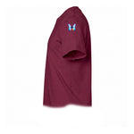 A maroon short-sleeve crewneck t-shirt  featuring a small graphic of a arthropods animal on the upper left sleeve.