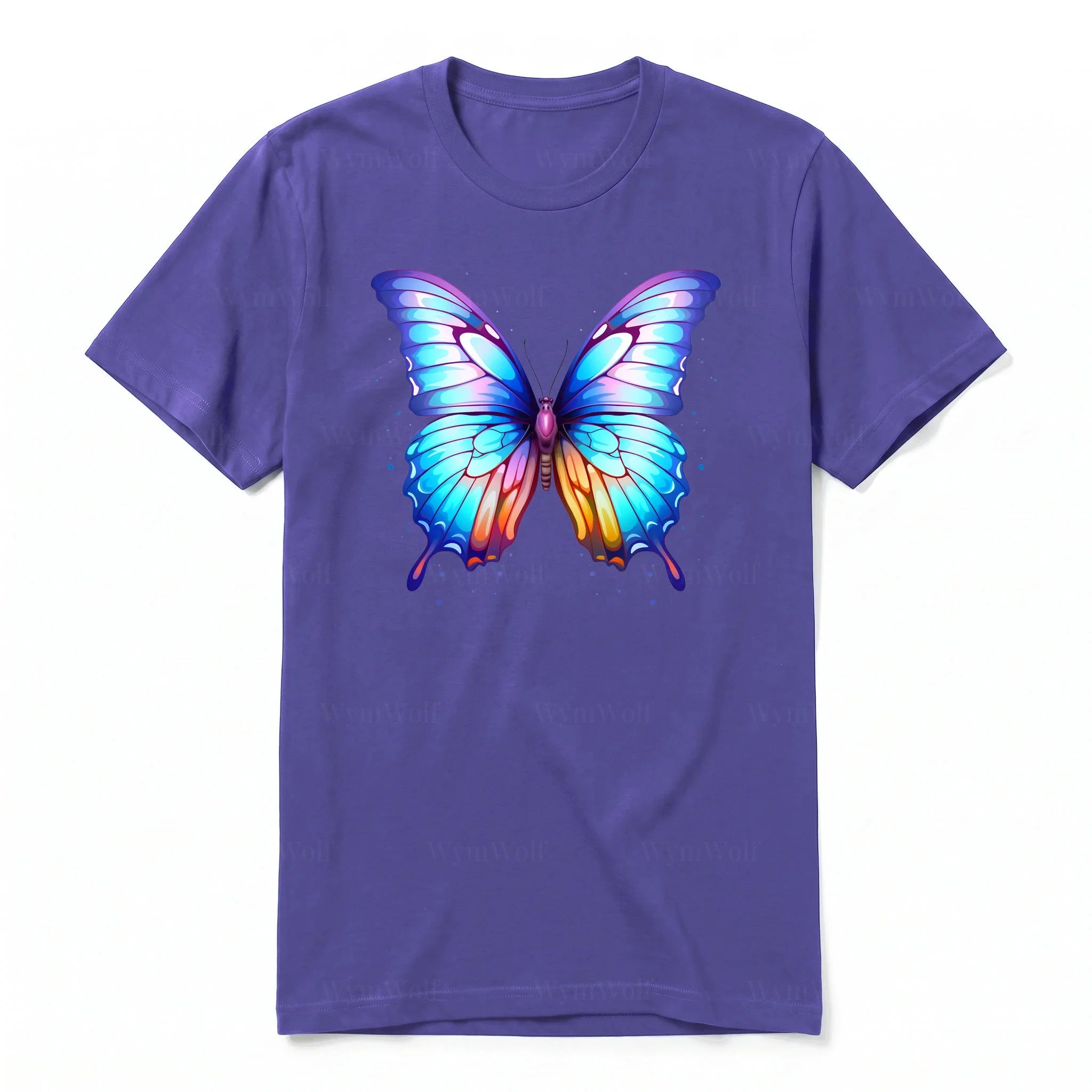 Un T-shirt violet à manches courtes et col rond, orné d'un motif représentant un arthropod sur le devant.