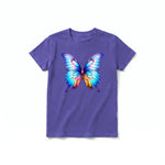 Un T-shirt violet à manches courtes et col rond pour jeune, orné d'un motif représentant un arthropode sur le devant.