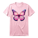 Un T-shirt rose à manches courtes et col rond, orné d'un motif représentant un arthropod sur le devant.