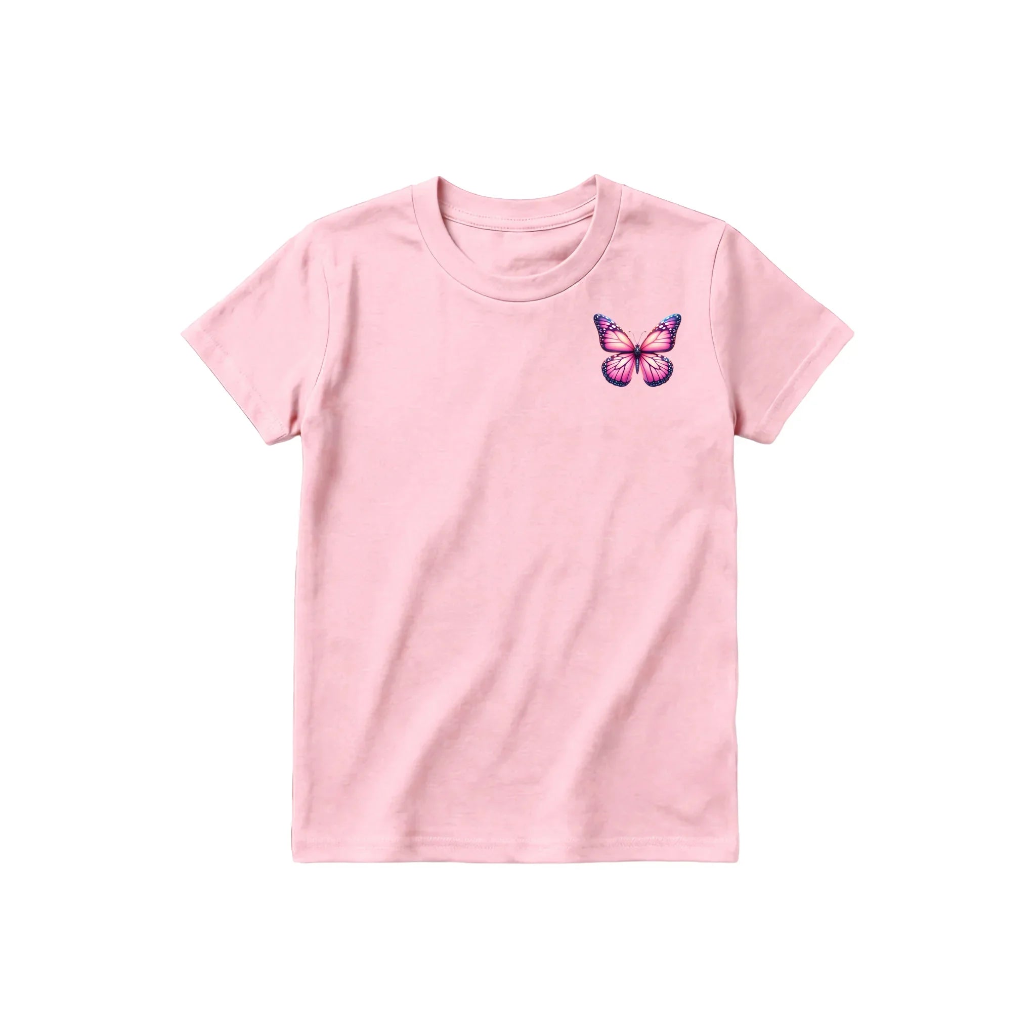 Un T-shirt rose à manches courtes et col rond pour jeune, orné d'un motif représentant un arthropode sur la poitrine gauche.