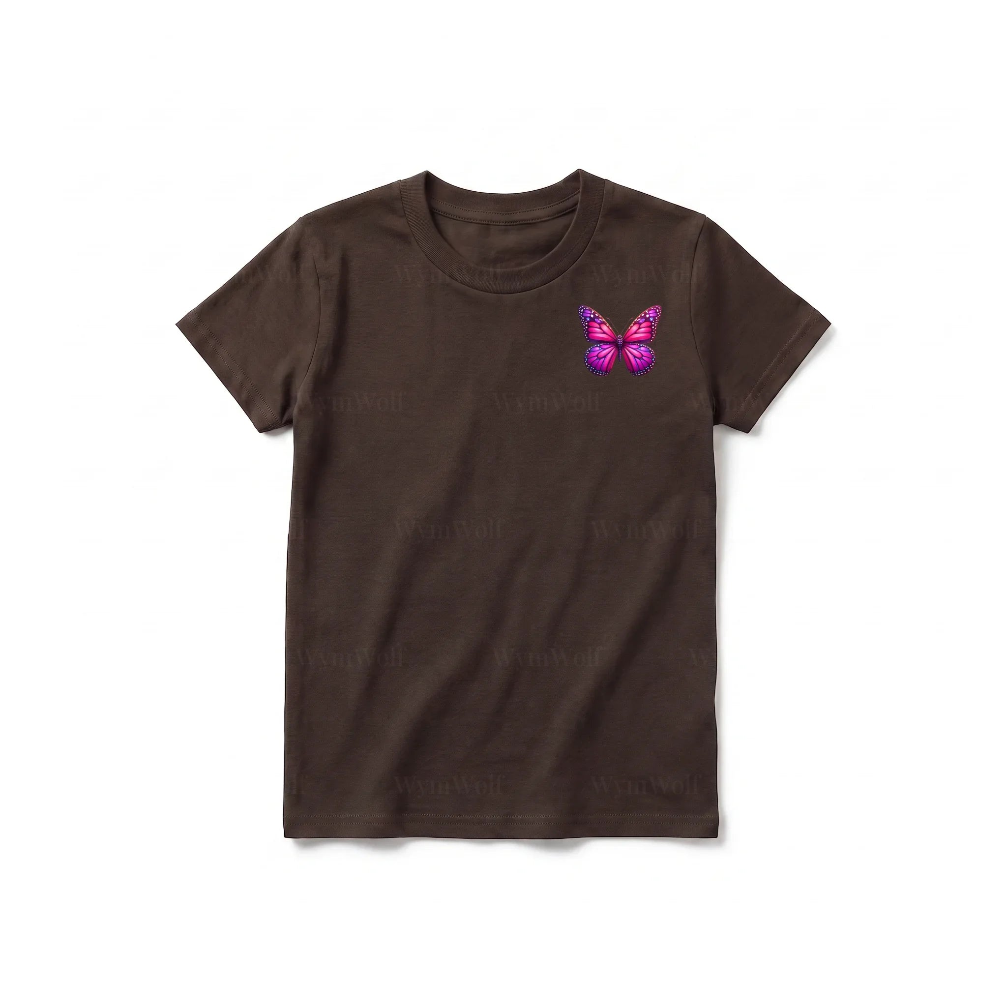 Un T-shirt chocolat à manches courtes et col rond pour jeune, orné d'un motif représentant un arthropode sur la poitrine gauche.