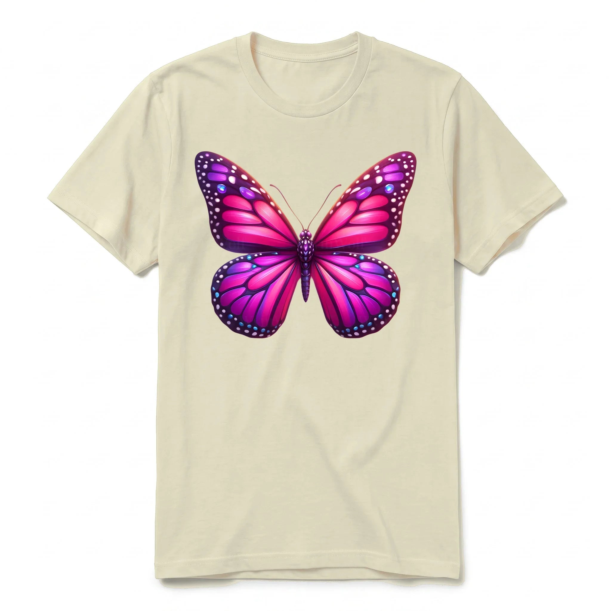Un T-shirt latte à manches courtes et col rond, orné d'un motif représentant un arthropod sur le devant.