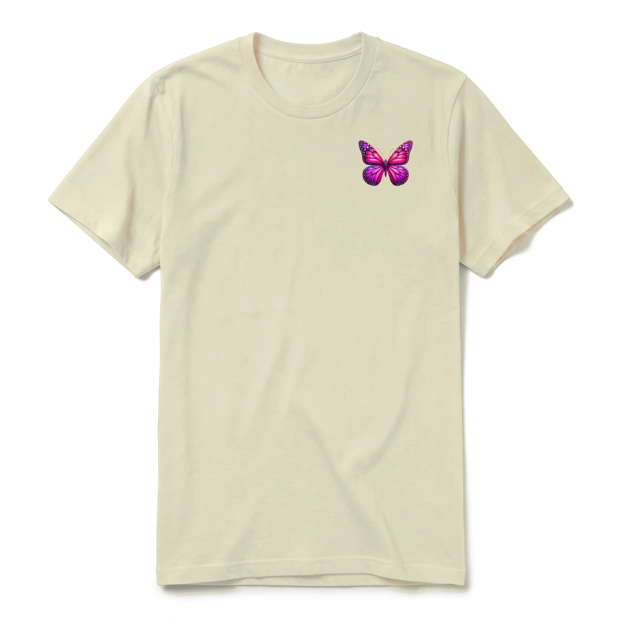 Un T-shirt latte à manches courtes et col rond, orné d'un motif représentant un arthropod sur la poitrine gauche.