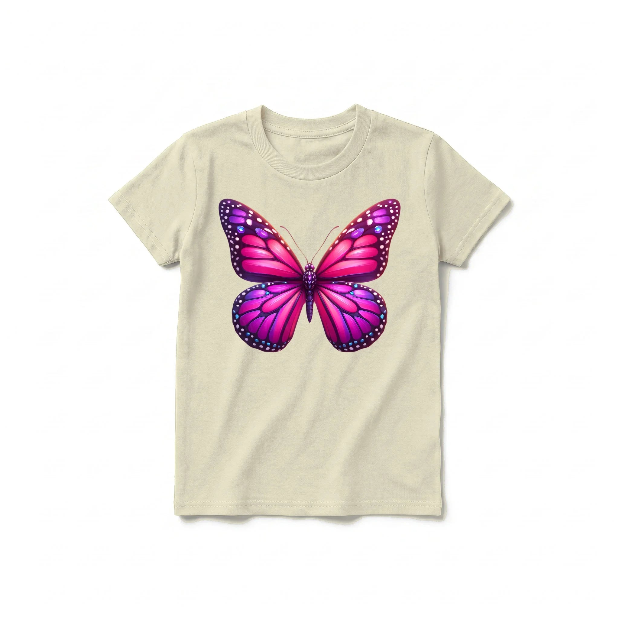 Un T-shirt latte à manches courtes et col rond pour jeune, orné d'un motif représentant un arthropode sur le devant.