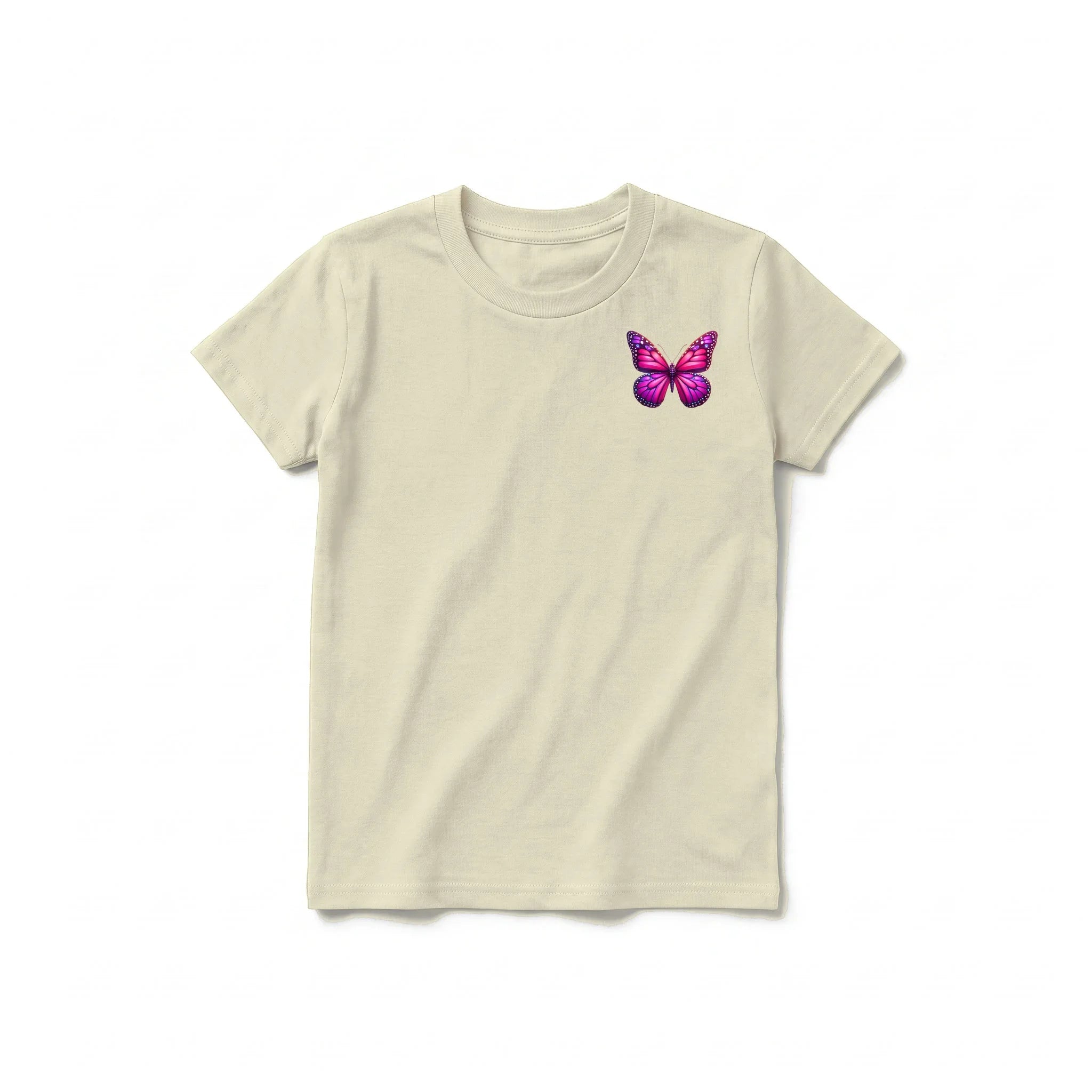 Un T-shirt latte à manches courtes et col rond pour jeune, orné d'un motif représentant un arthropode sur la poitrine gauche.