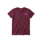 Un T-shirt marron à manches courtes et col rond pour jeune, orné d'un motif représentant un arthropode sur la poitrine gauche.