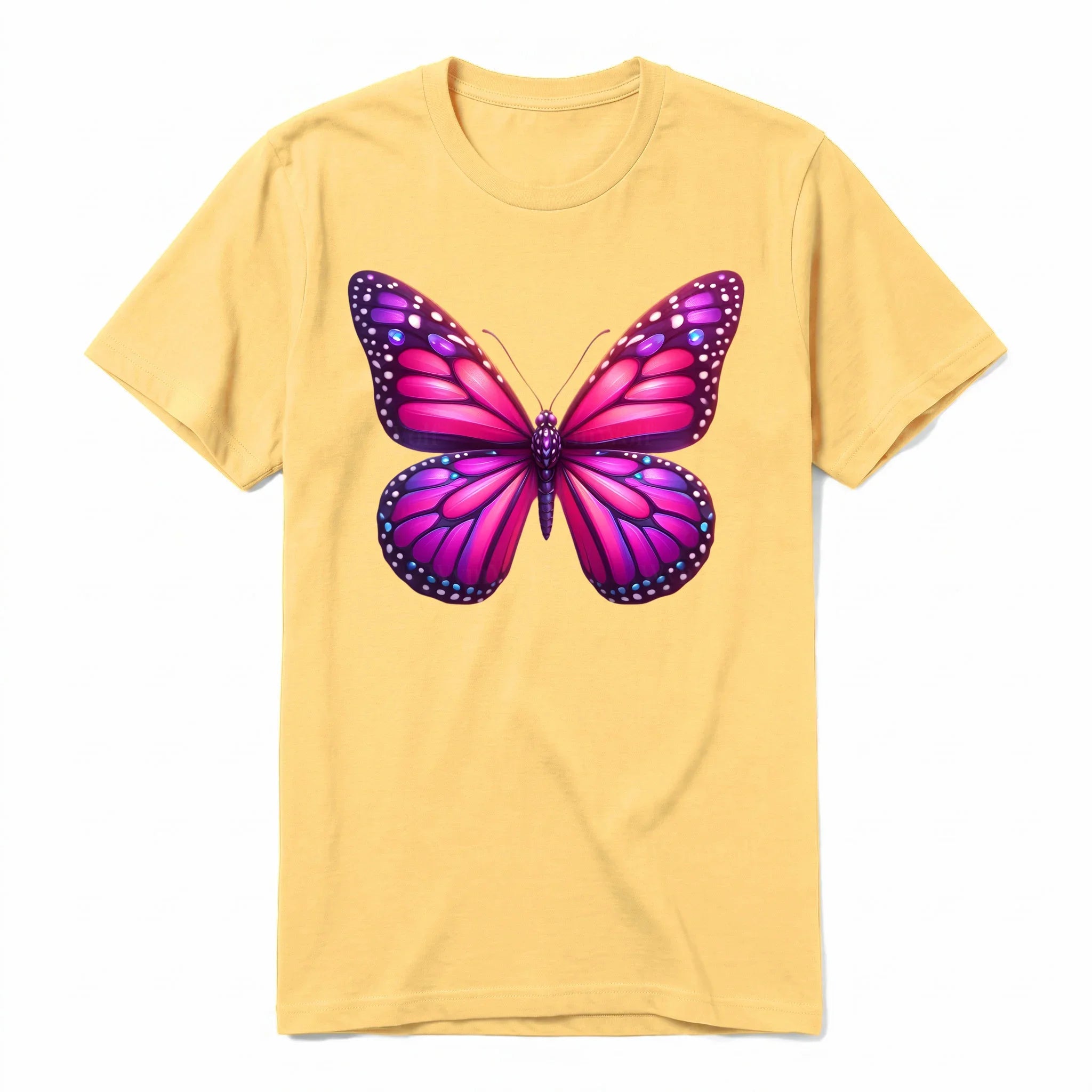 Un T-shirt moutarde à manches courtes et col rond, orné d'un motif représentant un arthropod sur le devant.