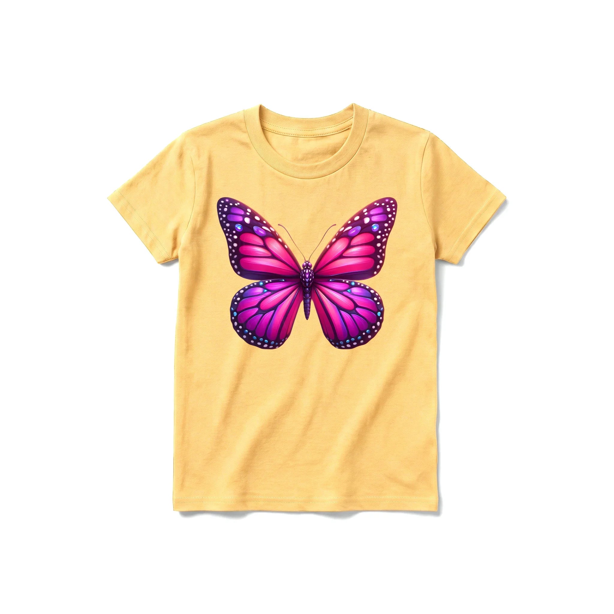 Un T-shirt moutarde à manches courtes et col rond pour jeune, orné d'un motif représentant un arthropode sur le devant.