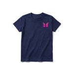 Un T-shirt marine à manches courtes et col rond pour jeune, orné d'un motif représentant un arthropode sur la poitrine gauche.