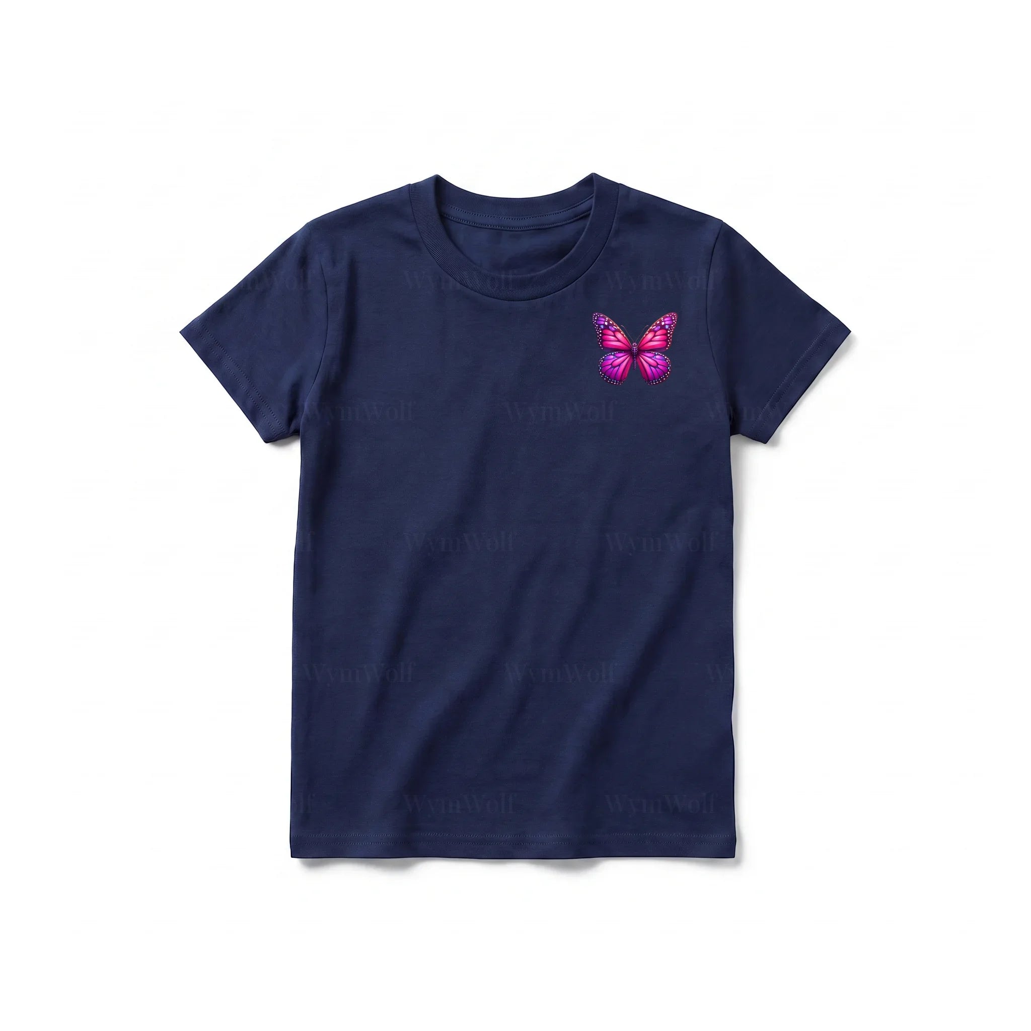Un T-shirt marine à manches courtes et col rond pour jeune, orné d'un motif représentant un arthropode sur la poitrine gauche.