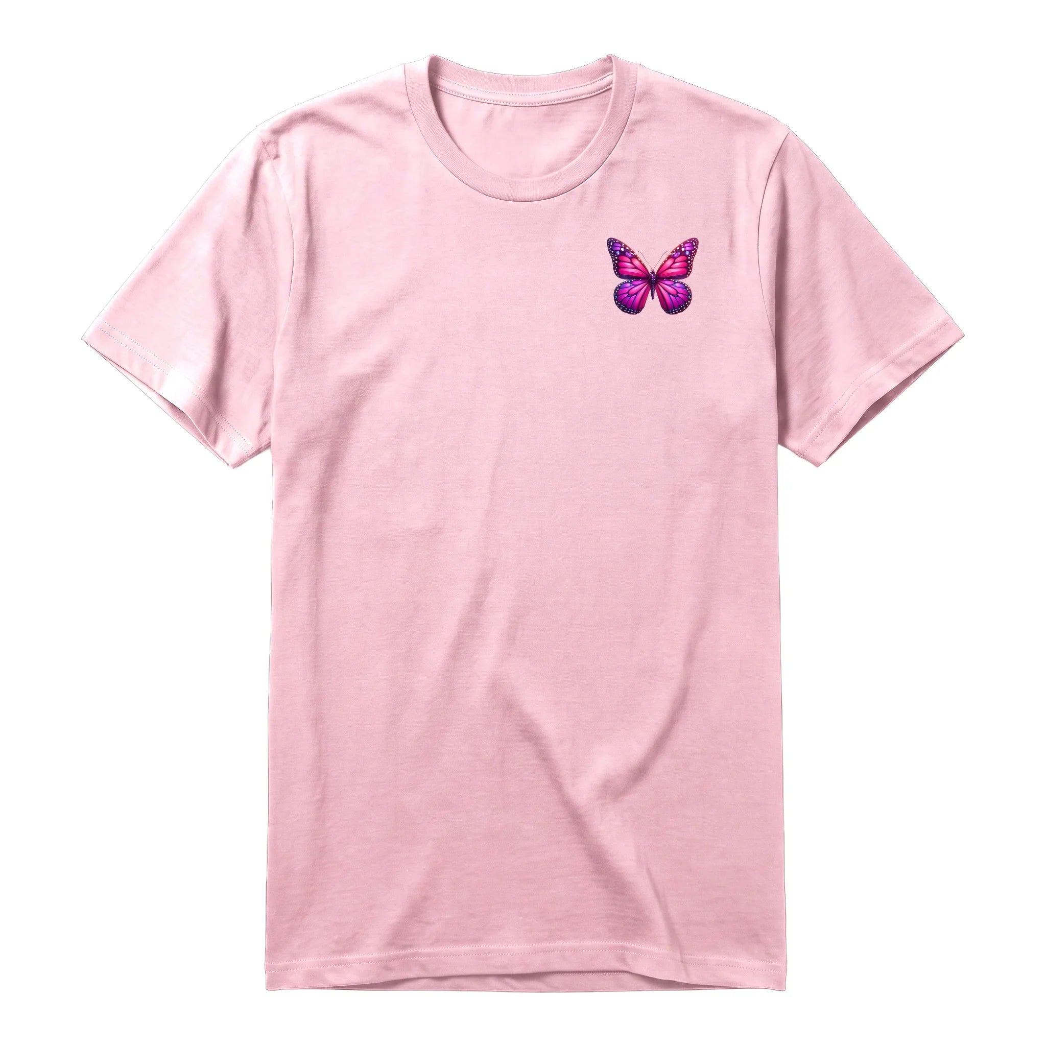 Un T-shirt rose à manches courtes et col rond, orné d'un motif représentant un arthropod sur la poitrine gauche.