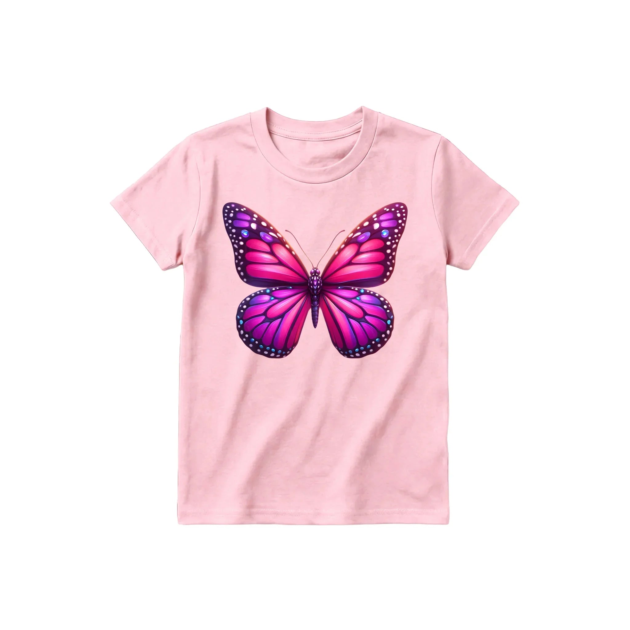 Un T-shirt rose à manches courtes et col rond pour jeune, orné d'un motif représentant un arthropode sur le devant.