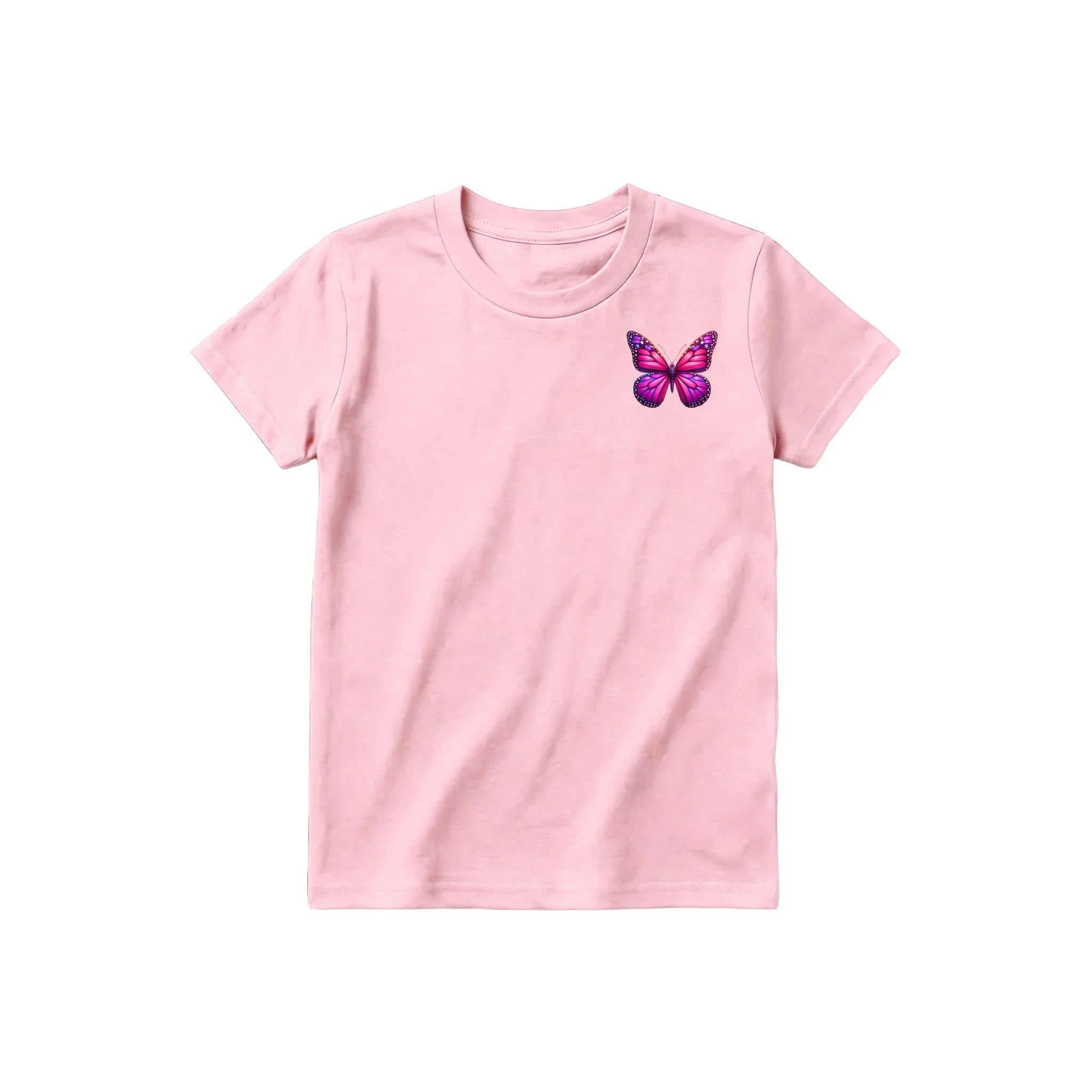 Un T-shirt rose à manches courtes et col rond pour jeune, orné d'un motif représentant un arthropode sur la poitrine gauche.