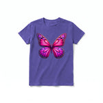Un T-shirt violet à manches courtes et col rond pour jeune, orné d'un motif représentant un arthropode sur le devant.