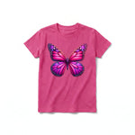 Un T-shirt framboise à manches courtes et col rond pour jeune, orné d'un motif représentant un arthropode sur le devant.