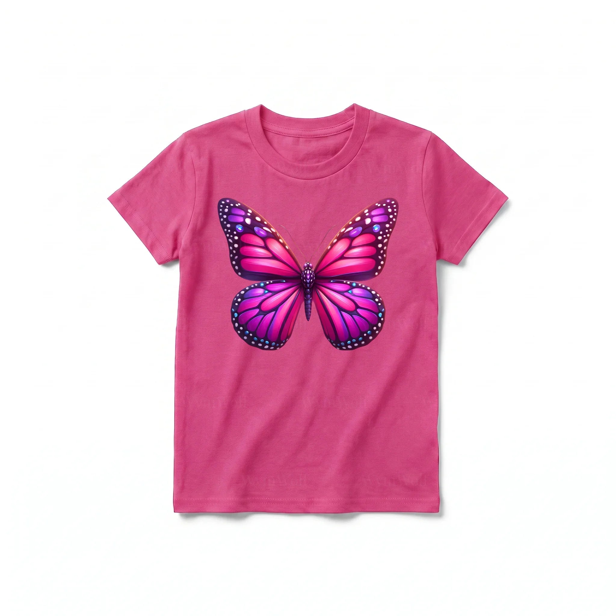 Un T-shirt framboise à manches courtes et col rond pour jeune, orné d'un motif représentant un arthropode sur le devant.