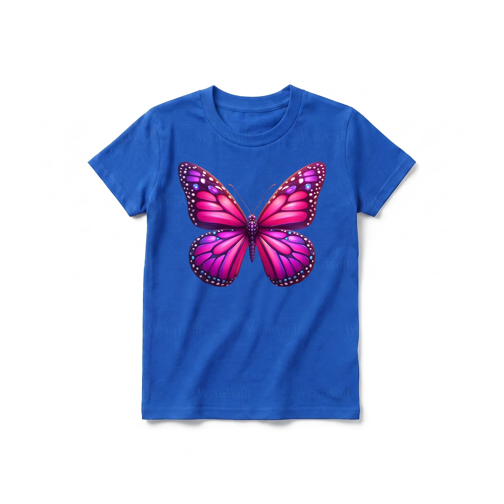 Un T-shirt royal à manches courtes et col rond pour jeune, orné d'un motif représentant un arthropode sur le devant.