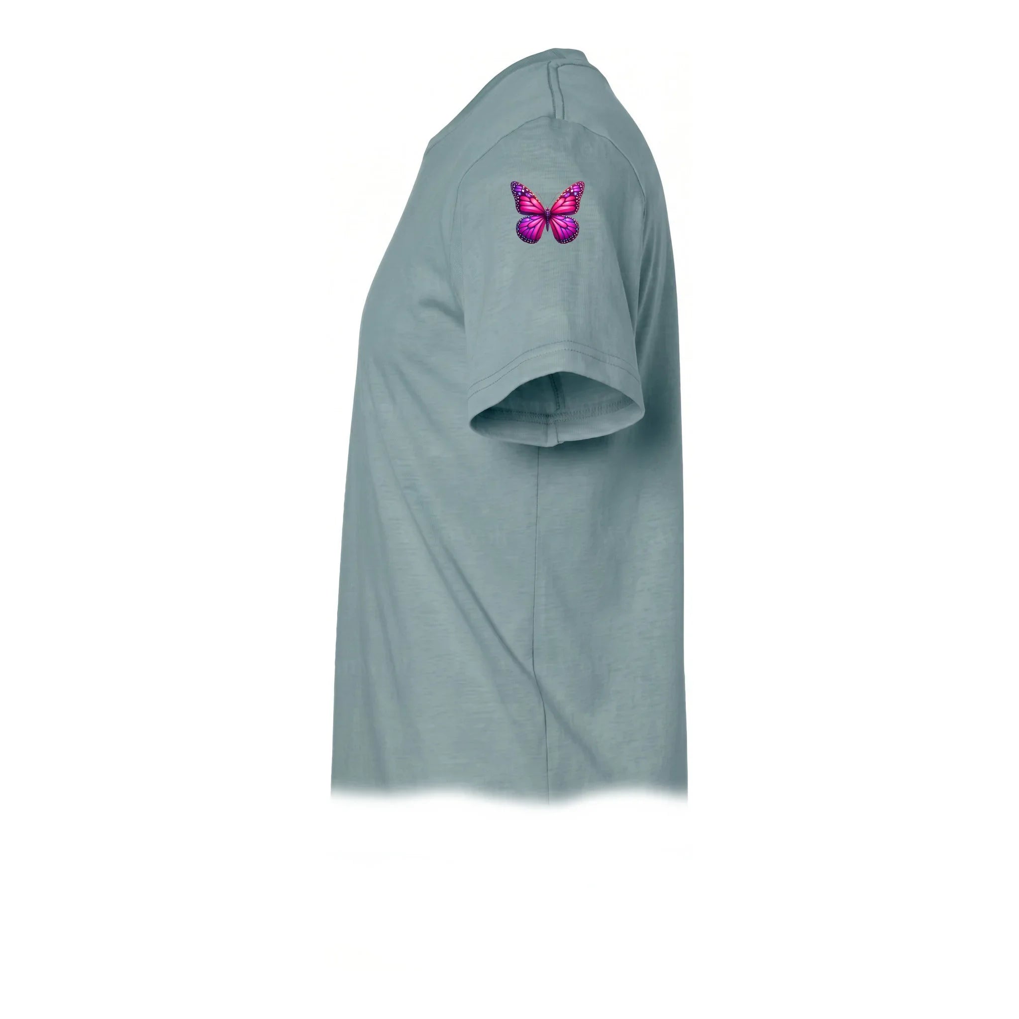 Un T-shirt sauge à manches courtes et col rond, orné d'un motif représentant un arthropode sur le haut de la manche gauche.