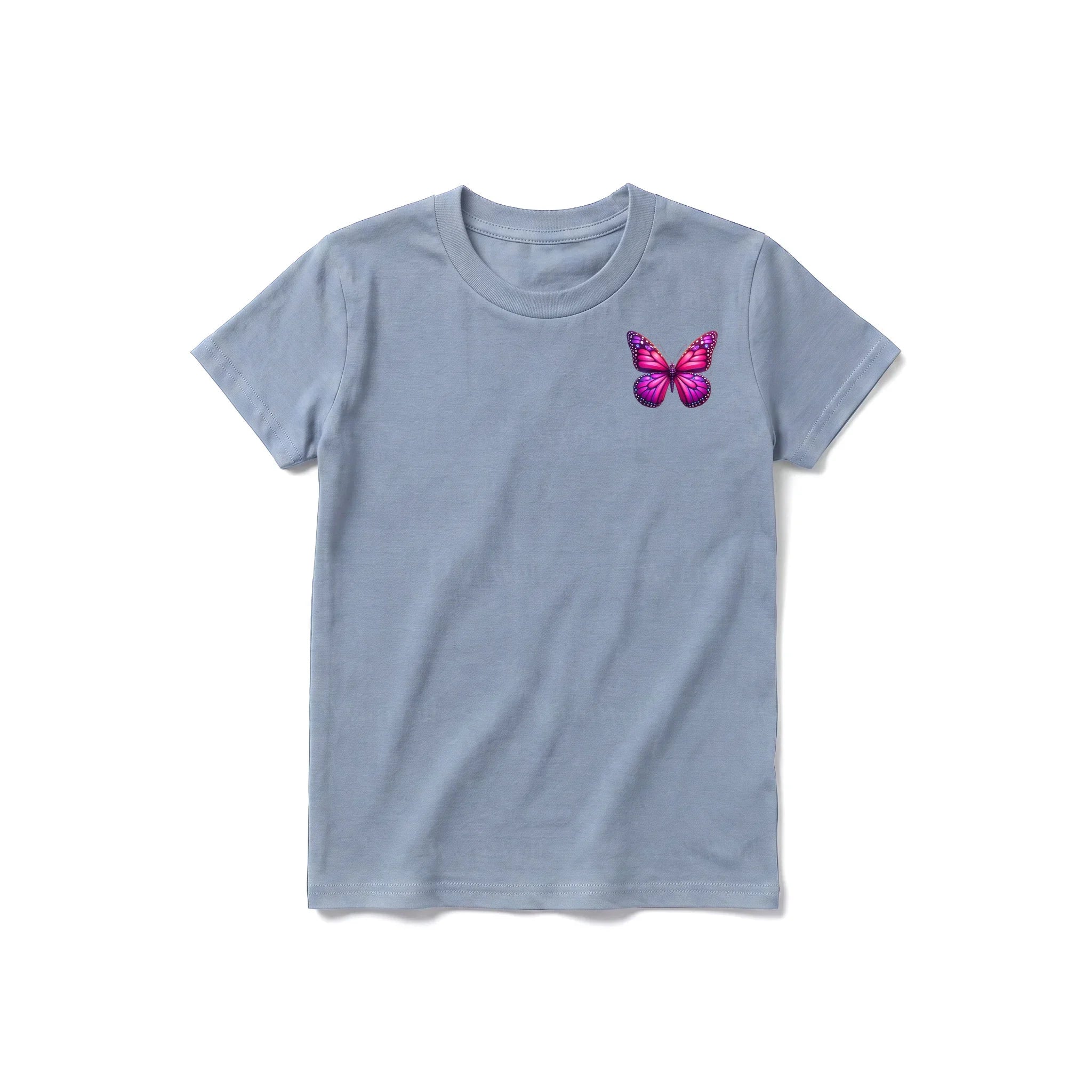 Un T-shirt steel-blue à manches courtes et col rond pour jeune, orné d'un motif représentant un arthropode sur la poitrine gauche.