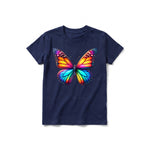 Un T-shirt marine à manches courtes et col rond pour jeune, orné d'un motif représentant un arthropode sur le devant.