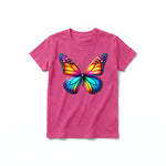 Un T-shirt framboise à manches courtes et col rond pour jeune, orné d'un motif représentant un arthropode sur le devant.