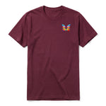 A maroon short-sleeve crewneck t-shirt for adult featuring a graphic of a arthropods animal on the left chest.