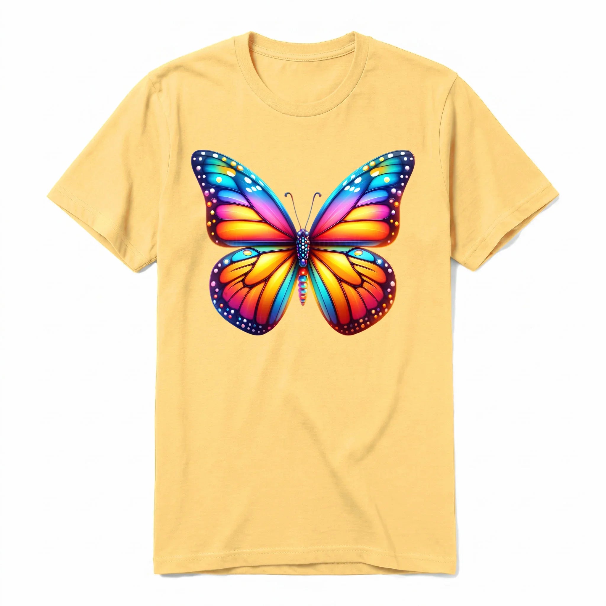 Un T-shirt moutarde à manches courtes et col rond, orné d'un motif représentant un arthropod sur le devant.
