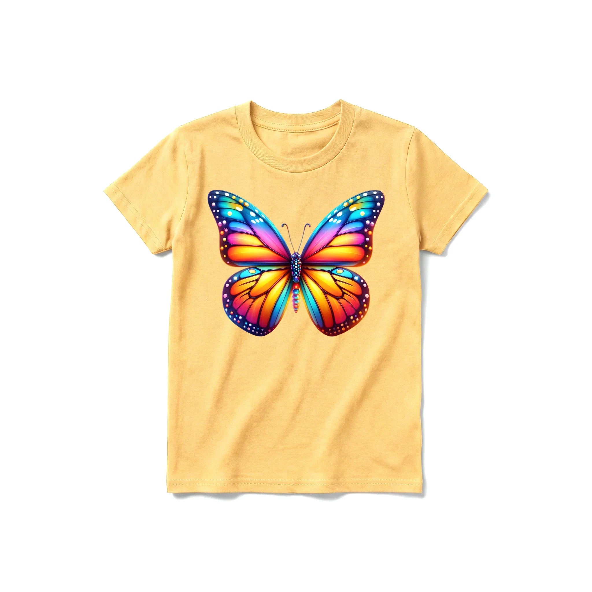 Un T-shirt moutarde à manches courtes et col rond pour jeune, orné d'un motif représentant un arthropode sur le devant.