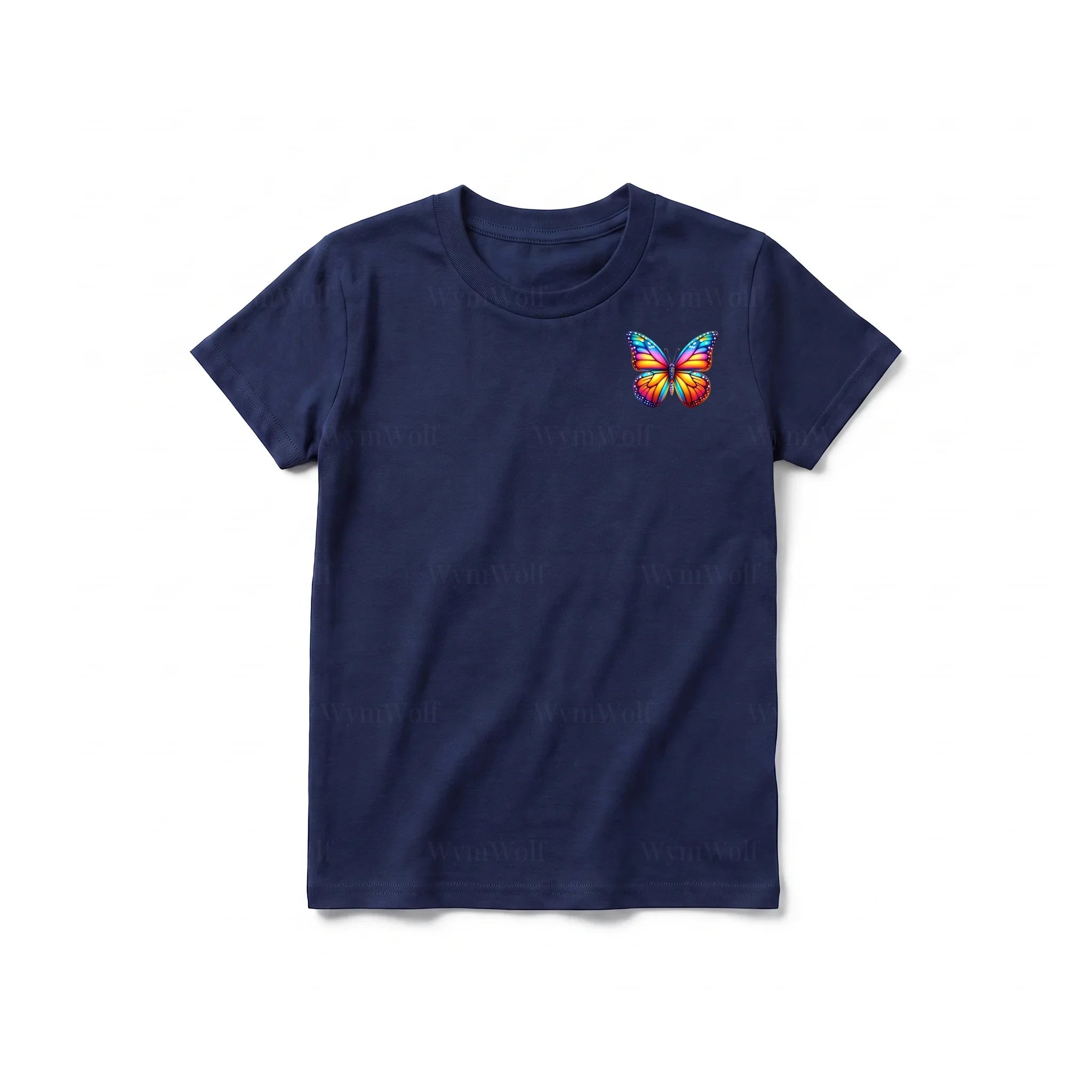 Un T-shirt marine à manches courtes et col rond pour jeune, orné d'un motif représentant un arthropode sur la poitrine gauche.